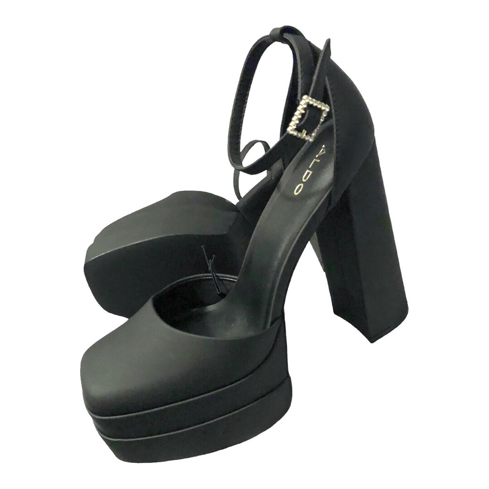 Aldo matte black tiered square toe rhinestone buckle Mary‎ jane platform heels